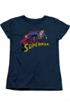 Gildan Superman Flying Over Short Sleeve Womens Tee / T-shirt In Blue