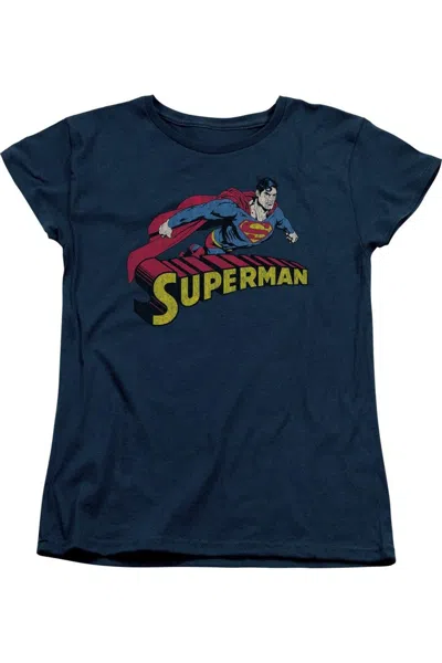 Gildan Superman Flying Over Short Sleeve Womens Tee / T-shirt In Blue
