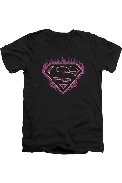 Gildan Superman Fuchsia Flames Short Sleeve Adult V Neck Premium Cotton Tee / T-shirt In Black