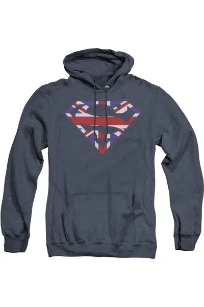 Gildan Superman Great Britian Shield Adult Heather Hoodie / Hooded Sweatshirt In Blue