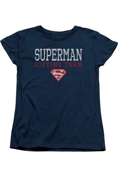 Gildan Superman Lifting Team Short Sleeve Womens Tee / T-shirt In Blue