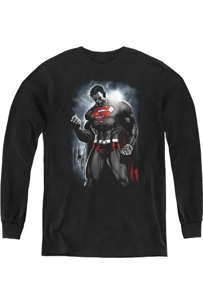 Gildan Kids' Superman Light Of The Sun Youth Long Sleeve Tee / T-shirt In Black