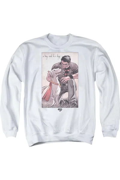 Gildan Superman Mans Best Friend Adult Crewneck Sweatshirt In White