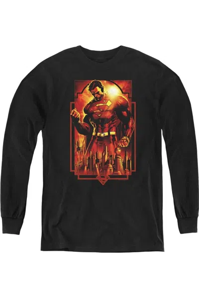 Gildan Kids' Superman Metropolis Deco Youth Long Sleeve Tee / T-shirt In Black