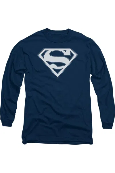 Gildan Superman Navy & White Shield Long Sleeve Adult Tee / T-shirt In Blue
