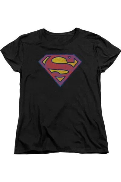 Gildan Superman Neon Distress Logo Short Sleeve Womens Tee / T-shirt In Black