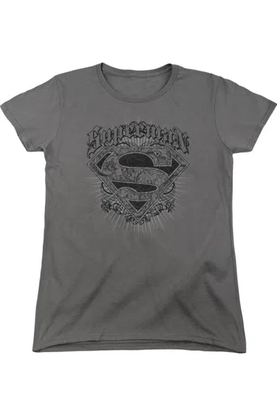 Gildan Superman Scrolling Shield Short Sleeve Womens Tee / T-shirt In Pink
