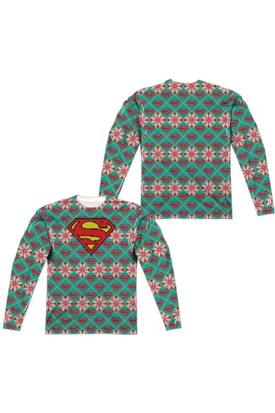 Gildan Superman Shield Sweater (front/back Print) Long Sleeve Adult Poly Crew Tee / T-shirt In White