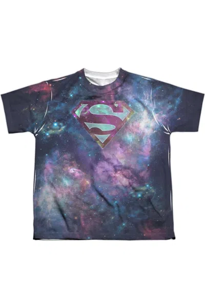 Gildan Kids' Superman Spaced Out Logo Short Sleeve Youth Poly Crew Tee / T-shirt In Blue