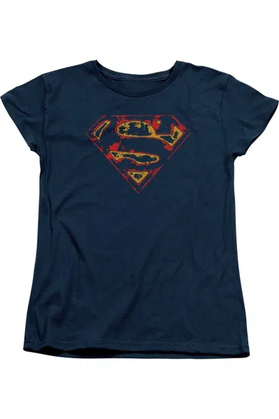 Gildan Superman Super Distressed Short Sleeve Womens Tee / T-shirt In Blue