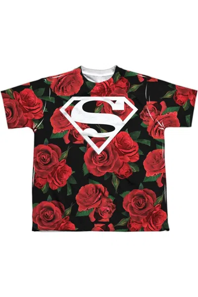 Gildan Kids' Superman Super Floral Short Sleeve Youth Poly Crew Tee / T-shirt In Black
