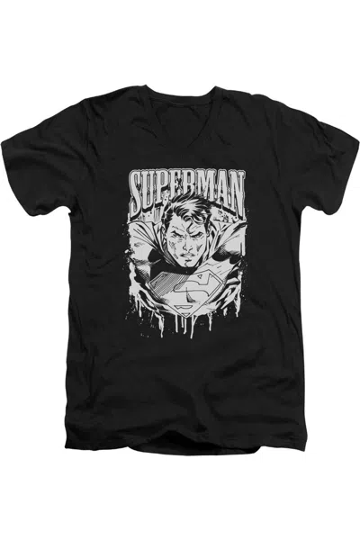 Gildan Superman Super Metal Short Sleeve Adult V Neck Tee / T-shirt In Black
