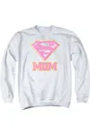 Gildan Superman Super Mom Pink Adult Crewneck Sweatshirt In White