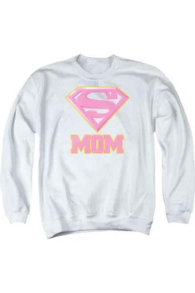 Gildan Superman Super Mom Pink Adult Crewneck Sweatshirt In White