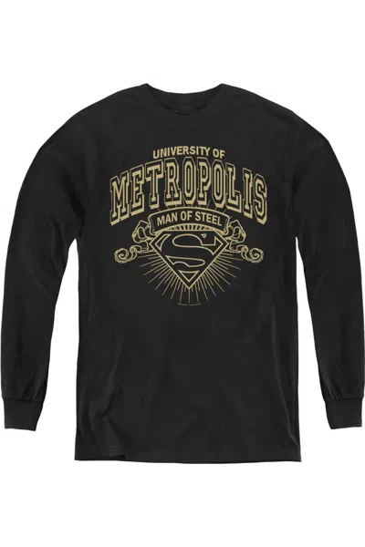 Gildan Kids' Superman University Of Metropolis Youth Long Sleeve Tee / T-shirt In Black