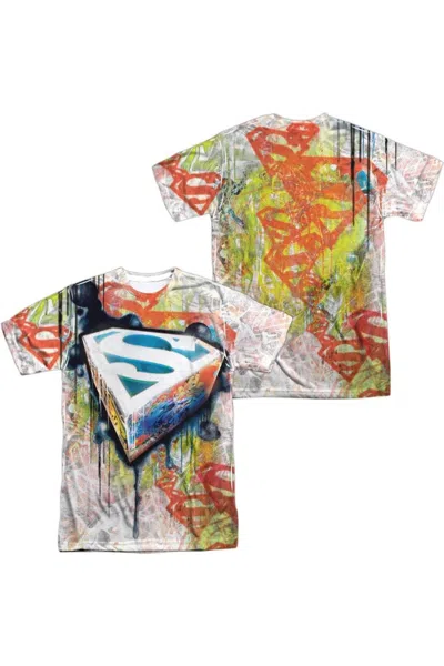 Gildan Superman Urban Shields (front/back Print) Short Sleeve Adult 100% Poly Crew Tee / T-shirt In Gray