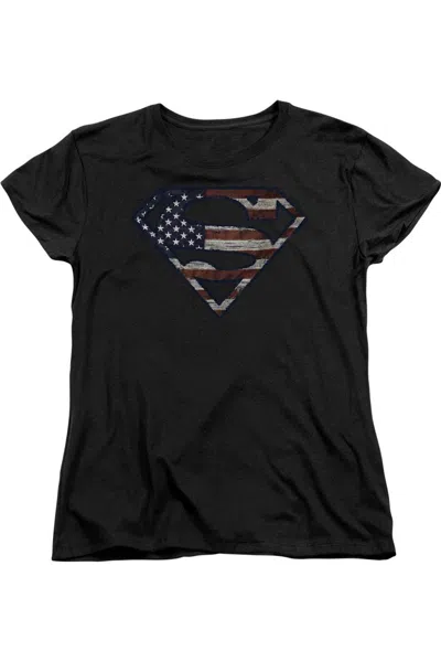 Gildan Superman War-torn Flag Short Sleeve Womens Tee / T-shirt In Black