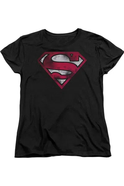 Gildan Superman War-torn Shield Short Sleeve Womens Tee / T-shirt In Black