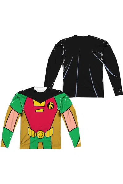 Gildan Teen Titans Go Robin Uniform (front/back Print) Long Sleeve Adult Poly Crew Tee / T-shirt In Black