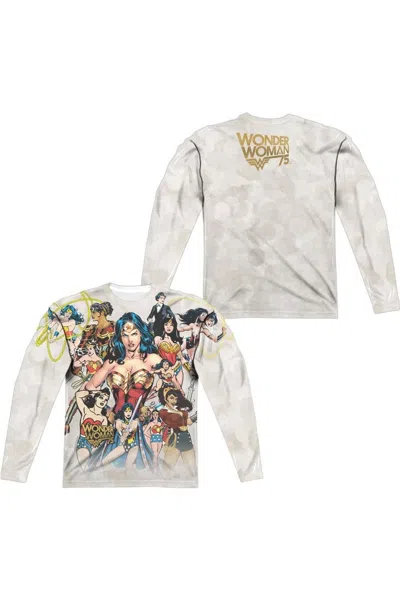 Gildan Wonder Woman 75th Collage (front/back Print) Long Sleeve Adult Poly Crew Tee / T-shirt In White