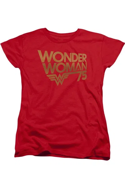 Gildan Wonder Woman Wonder Woman 75th Anniversary Gold Logo Short Sleeve Womens Tee / T-shirt In Red