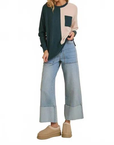Gilli Brushed Color Block Top In Emerald Green/cream In Multi