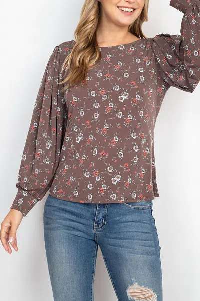 Gilli Bubble Sleeve Floral Print Round Top In Brown