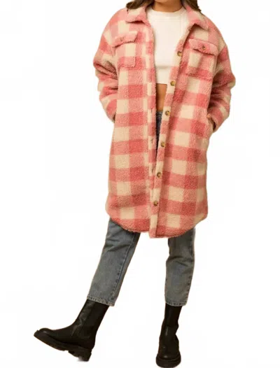 Gilli Buffalo Plaid Sherpa Shacket In Candy Cream And Pink In Brown