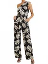 Gilli Floral One Shoulder Tie Strap Wide Leg Jumpsuit In Black Ivory In Brown