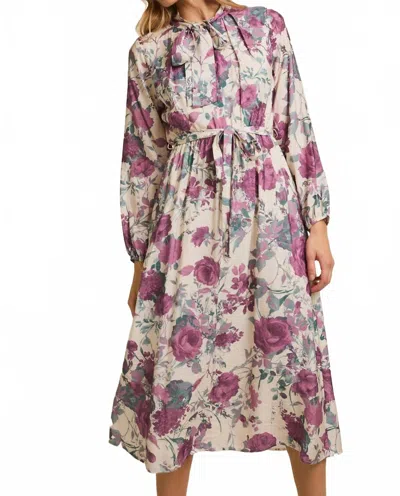 Gilli Front Bow Tie Long Sleeve Print Midi Dress In Cream/mauve Floral In Multi