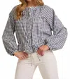 Gilli Gingham Round Neck Long Sleeve Waist Tie Button Up Top In Black/white In Gray