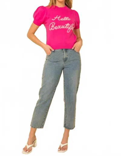 Gilli Hello Beautiful Short Sleeve Sweater Top In Pink