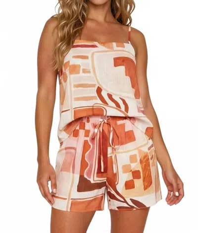 Gilli High Waist Elastic Waistband Drawstring Short In Ivory-multi Abstract In Orange