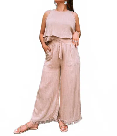 Gilli Linen Cropped Top And Frayed Wide Leg Pant Set In Tan In Pink