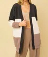 GILLI LONG SLEEVE COLOR BLOCK CARDIGAN IN CHOCOLATE/CREAM/TAUPE
