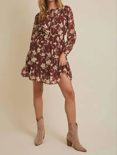 Gilli Long Sleeve Ruffle Mini Dress In Rust - Cream Floral In Brown
