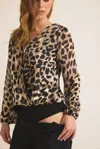 Gilli Long Sleeve Shoulder Shirring Top In Taupe/black Animal In Multi