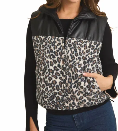 Gilli Mock Neck Fleece & Pleather Mix Puffer Vest In Cream-black Animal