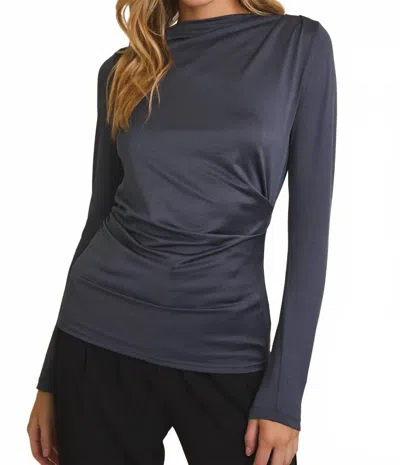 Gilli Mock Neck Long Sleeve Shirring Detail Top In Indigo In Blue
