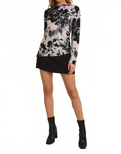 Gilli Mock Neck Long Sleeve Shirring Top In Taupe/black Floral In Multi
