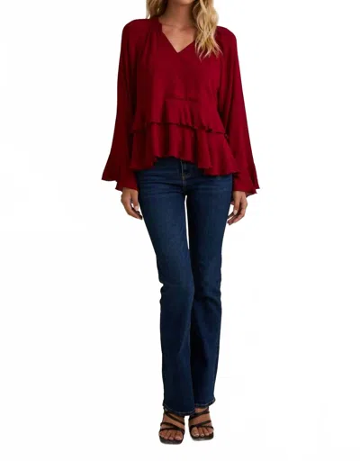 Gilli Notch Neck Long Sleeve Ruffle Hem Top In Red