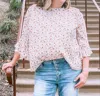 Gilli Plus Size Floral Off The Shoulder 3/4 Length Sleeve Blouse In White With Floral
