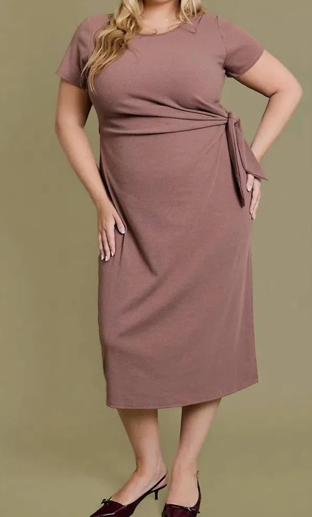 Gilli Plus Size Ribbed Waist Tie Midi Dress In Brown | ModeSens
