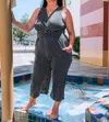 Gilli Plus Size V-neck Pinstriped Cropped Jumpsuit In Black And White