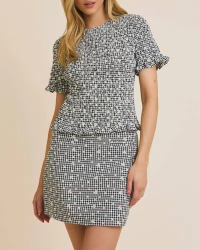 Gilli Round Neck Half Sleeve Smocked Eyelet Top And Mini Skirt Set In Black