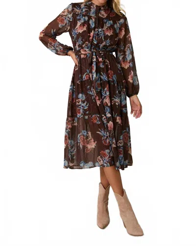 Gilli Round Neck Long Sleeve Button Up Waist Tie Floral Midi Dress In Mocha-multi Floral