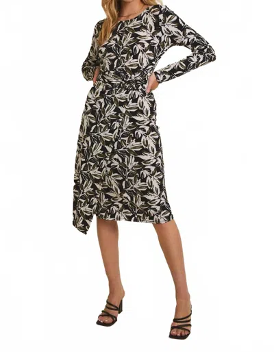 Gilli Round Neck Long Sleeve Waist Twist Surplice Midi Dress In Black-olive Floral