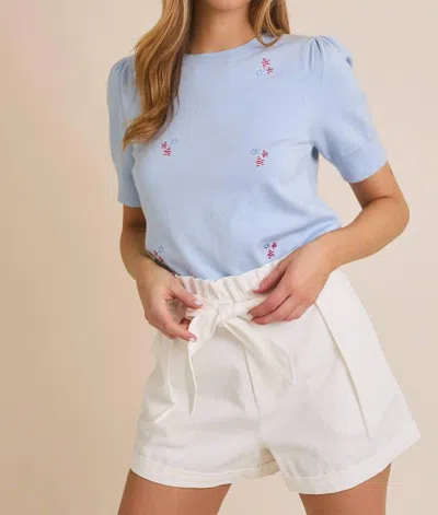 Gilli Round Neck Puff Sleeve Star Embroidered Knit Top In Light Blue