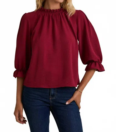 Gilli Ruffle Mock Neck 3/4 Sleeve Top In Red
