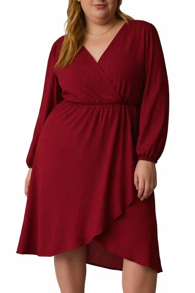 Gilli Surplice Long Sleeve Flare Hem Midi Dress - Plus In Wine In Red